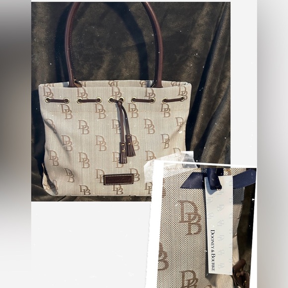 Dooney & Bourke Tan and Brown Large Tulip Tassel CanvasTote - Picture 1 of 12